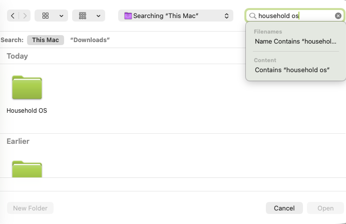 Finder with the Household OS folder selected
